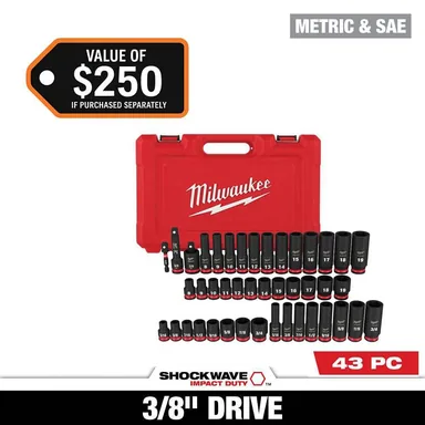 Milwaukee 49-66-7009, accessory: SHOCKWAVE 3/8 in. Drive SAE and Metric 6 Point Impact Socket Set (43-Piece)