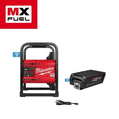 Milwaukee MXF002-1HD812, kit: MX FUEL 3600-Watt/1800-Watt Lithium-Ion Battery Powered Push Start Portable Power Station Battery Generator w FORGE 12.0 (photograph from the Home Depot listing)