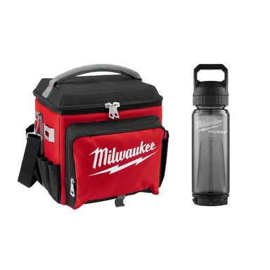 Milwaukee 48-22-8250-48-22-8371R, bundle: 21 qt. Soft Sided Jobsite Lunch Cooler with PACKOUT 25 Oz. Red Plastic Bottle with Chug Lid