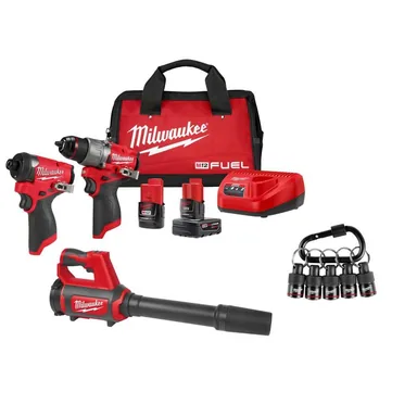Milwaukee 3497-22-0852-20-48-32-4537, bundle: M12 FUEL 12V Cordless Hammer Drill/Impact Kit + M12 Compact Spot Blower + 5-Pc Carabiner Hex Holder Combo Kit