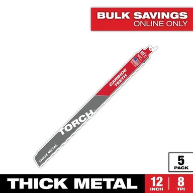 Milwaukee 48-00-5503, accessory: 12 in. 8 TPI TORCH Carbide Teeth Thick Metal Cutting SAWZALL Reciprocating Saw Blade (5-Pack)