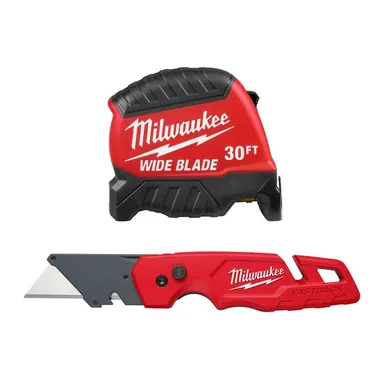 Milwaukee 48-22-1230-48-22-1502, bundle: 30FT Wide Blade Tape Measure and FASTBACK Folding Utility Knife with Blade Storage