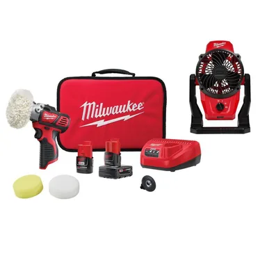 Milwaukee 2438-22X-0820-20, bundle: M12 12V Lithium-Ion Cordless Variable Speed Polisher/Sander Kit W/(2) M12 Batteries, Accessories, Charger, Bag, & Fan