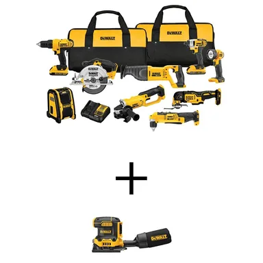 DeWalt DCK940D2WCW200B, bundle: 20V MAX Cordless 9 Tool Combo Kit and Brushless 1/4 Sheet Variable Speed Sander with (2) 20V 2.0Ah Batteries and Charger
