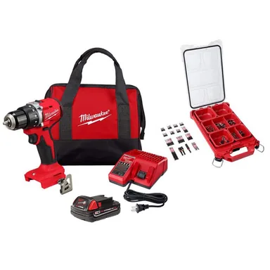 Milwaukee 3601-21P-48-32-4082, bundle: M18 18V Lith-Ion Brushless Cordless 1/2 in. Compact Drill/Driver w/One 2.0 Ah Battery, Charger & Bit Set (100-Piece)