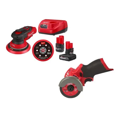 Milwaukee 2585-22CX-2522-20, bundle: M12 FUEL 12-Volt Li-Ion Brushless Cordless 6 in. Random Orbital Sander Kit (3/16 in) w M12 Batteries & M12 Cut Off Saw