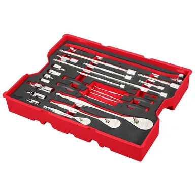 Milwaukee 48-22-0153, unpowered: 1/4 in. , 3/8 in. and 1/2 in. Drive Ratchet and Accessory Set (23 Piece) (photograph from the Home Depot listing)