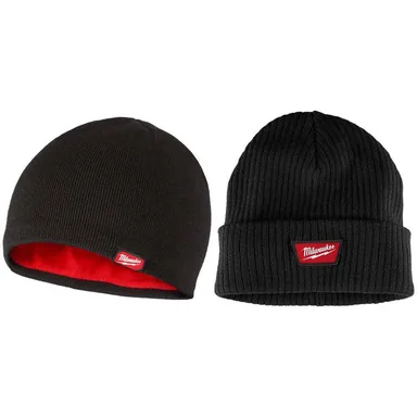 Milwaukee M751B-M750B, bundle: Men's Black Fleece-Lined and Black Rib-Knit Beanie Cap (2-Pack)