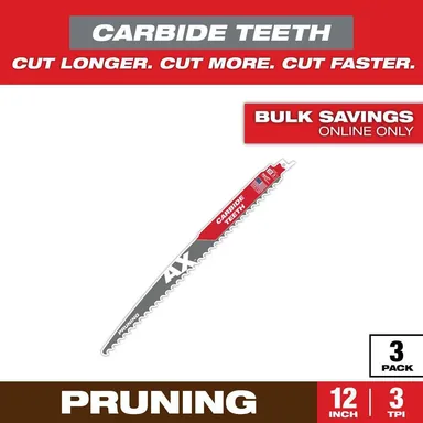 Milwaukee 48-00-5333, accessory: 12 in. 3 TPI Pruning Carbide Teeth Wood Cutting SAWZALL Reciprocating Saw Blades (3-Pack)