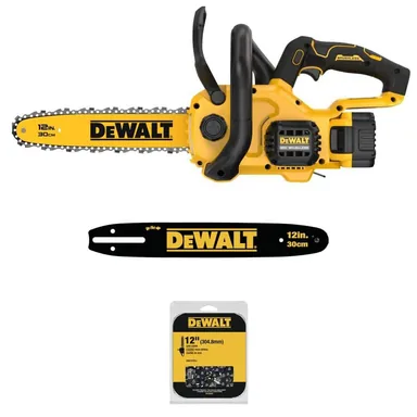 DeWalt DCCS621P1W61212, bundle: 20-Volt MAX 12 in. Brushless Cordless Battery Powered Chainsaw Kit w/ 5.0 Ah Battery, Charger, Extra 12 in Bar and Chain