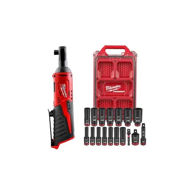 Milwaukee 2457-20-49-66-6800, bundle: M12 12V Lithium-Ion 3/8 in. Cordless Ratchet (Tool-Only) & Socket Set (17 PC)