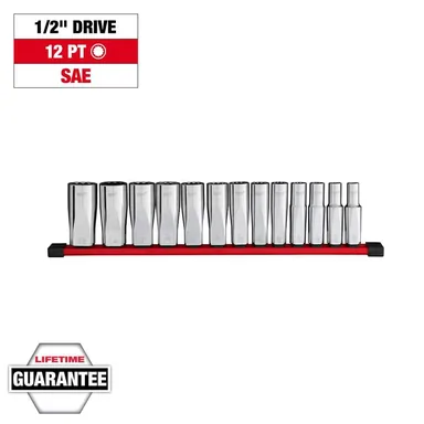 Milwaukee 48-22-9424, unpowered: 1/2 in. Drive SAE 12-Point Deep Well Socket Set (13-Piece)