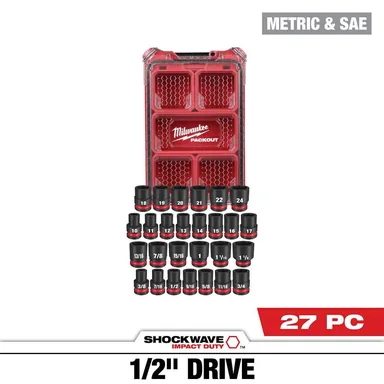 Milwaukee 49-66-6804, accessory: SHOCKWAVE Impact-Duty 1/2 in. Drive Metric and SAE Standard Impact PACKOUT Socket Set (27-Piece)