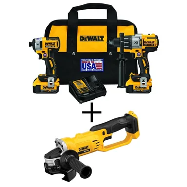 DeWalt DCK299M2WDCG412B, bundle: 20V MAX XR Cordless Brushless Hammer Drill/Impact 2 Tool Combo Kit, 20V 4.5-5 in. Grinder, and (2) 20V 4.0Ah Batteries