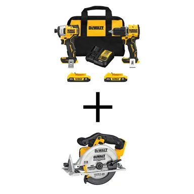 DeWalt DCK225D2WCS391B, bundle: ATOMIC 20-Volt MAX Lithium-Ion Cordless Combo Kit (2-Tool) and 6.5 in. Circ Saw with (2) 2Ah Batteries, Charger and Bag