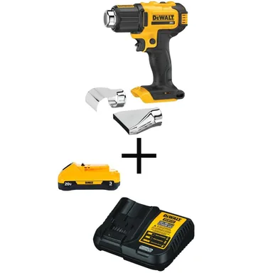 DeWalt DCE530BW230C, bundle: 20V MAX Cordless Compact Heat Gun, Flat and Hook Nozzle Attachments, (1) 20V 3.0Ah Battery, and 12V-20V MAX Charger