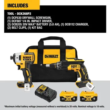 DeWalt DCK268P2, bundle: 20V MAX Lithium-Ion Cordless Brushless Screwgun and Impact Combo Kit (2-Tool) with (2) 5.0Ah Batteries, Charger and Bag