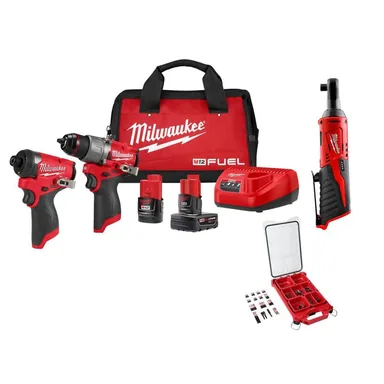 Milwaukee 3497-22-2457-20-48-32-4082, bundle: M12 FUEL 12V Cordless Hammer Drill/Impact 2-Tool Kit + M12 3/8 in. Ratchet with 100-Pc PACKOUT Bit Set Combo Kit