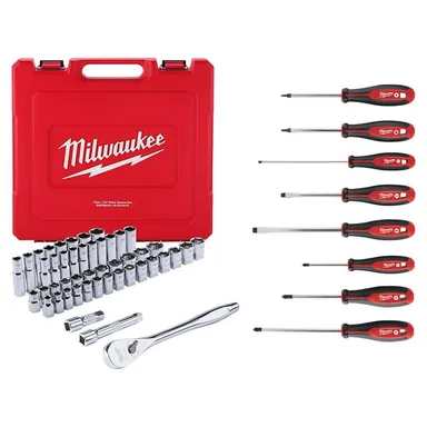 Milwaukee 48-22-9010-48-22-2718, bundle: 1/2 in. Drive SAE/Metric Ratchet and Socket Mechanics Tool Set with Screwdriver Set (55-Piece)