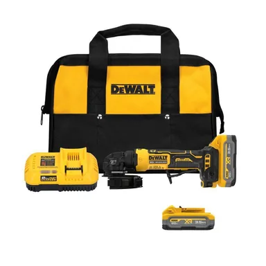 DeWalt DCG400S2, kit: ATOMIC 20V MAX Lithium-Ion Cordless 4 in. Angle Grinder Kit with (2) XR 3.5 Ah Batteries, Charger and Kitbag (photograph from the Home Depot listing)