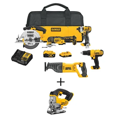 DeWalt DCK551D1M1W331, bundle: 20V MAX Cordless 5 Tool Combo Kit, 20V MAX Cordless Jig Saw, (1) 20V 4.0Ah Battery, and (1) 20V 2.0Ah Batteries