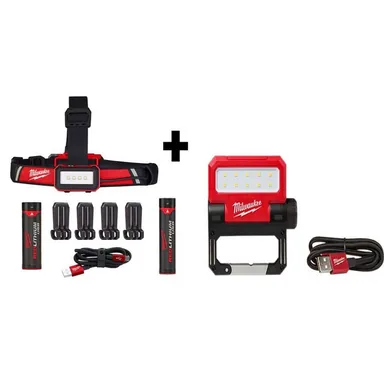 Milwaukee 2115-21-2114-21X, bundle: 600 Lumens LED REDLITHIUM USB Low-Profile Hard Hat Headlamp & 550 Lumens LED USB Pivoting Flood Light (2-Pack)