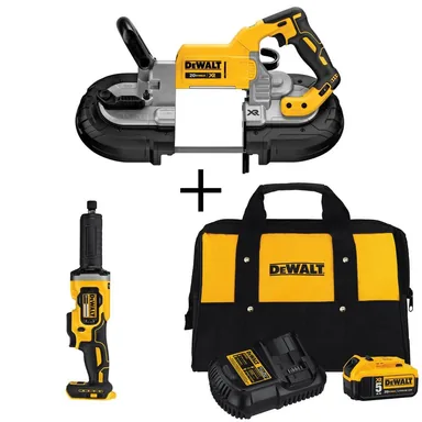 DeWalt DCS374BW426205C, bundle: 20V MAX XR Cordless Brushless Deep Cut Band Saw, 1-1/2 in. Die Grinder, and (1) 20V Premium Lithium-Ion 5.0Ah Battery