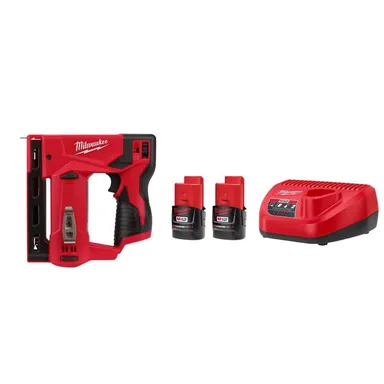 Milwaukee 2447-20-48-59-2420P, bundle: M12 12-Volt Lithium-Ion Cordless 3/8 in. Crown Stapler with M12 Compact 2.0 Ah Battery (2-Pack) Starter Kit and Charger