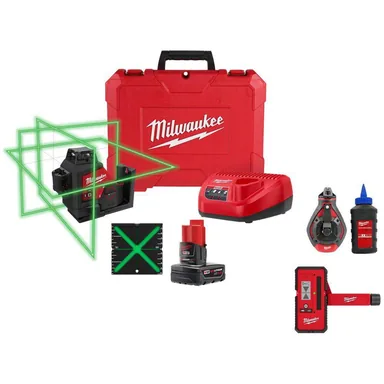Milwaukee 3632-21-48-22-3982-48-35-1211, bundle: M12 250 ft. Green 3-Plane Laser, 100 ft. Blue Chalk Reel, 165 ft. Laser Detector