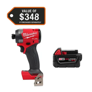 Milwaukee 2953-20-48-11-1850, bundle: M18 FUEL 18V Lithium-Ion Brushless Cordless 1/4 in. Hex Impact Driver with 5.0 Ah Battery