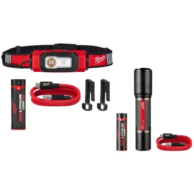 Milwaukee 2116-21-2162-21, bundle: 600 Lumens LED REDLITHIUM USB Hard Hat Headlamp and 2,000 Lumen Slide Focus Flashlight (2-Pack)