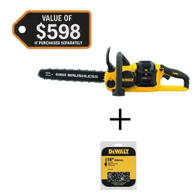 DeWalt DCCS670T1WT616T, bundle: FLEXVOLT 60V MAX 16 in. Brushless Cordless Chainsaw Kit with (1) 2.0 Ah Battery and Charger w/Extra 16 in. Chain