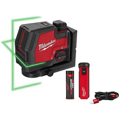 Milwaukee 3521-21-48-59-2013, bundle: 100 ft. REDLITHIUM Lithium-Ion USB Green Rechargeable Cross Line Laser Level w/ USB Charger & Portable Power Source Kit