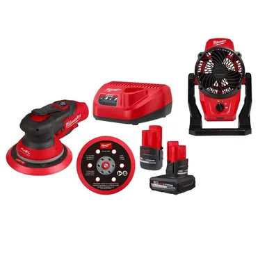 Milwaukee 2585-22CX-0820-20, bundle: M12 FUEL 12-Volt Li-Ion Brushless Cordless 6 in. Random Orbital Sander Kit (3/16 in) wM12 5. 0Ah, 2. 5Ah Batteries, &Fan