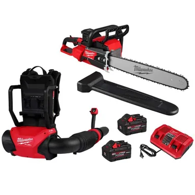 Milwaukee 2827-22-3009-20, bundle: M18 FUEL 18V Brushless Cordless 20 in. Dual Battery Chainsaw Kit w/ Backpack Blower, (2) 8.0 Ah Batteries, Rapid Charger