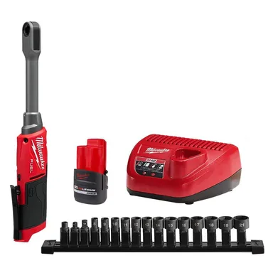 Milwaukee 3050-21, kit: M12 FUEL INSIDER 12V Lithium-Ion Brushless Cordless 1/4 in. - 3/8 in. Extended Reach Box Ratchet Kit w/ Battery, Charger (photograph from the Home Depot listing)