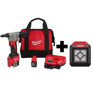 Milwaukee 2550-22-2364-20, bundle: M12 12-Volt Lithium-Ion Cordless Rivet Tool Kit with (2) 1.5Ah Batteries, Charger and 1000 Lumens M12 Flood Light
