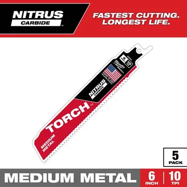 Milwaukee 48-00-6551, accessory: 6 in. 10 TPI TORCH Nitrus Carbide Teeth Medium Metal Cutting SAWZALL Reciprocating Saw Blade (5-Pack)