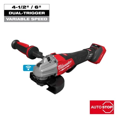 Milwaukee 3676-20, bare tool: M18 FUEL ONE-KEY 18V Lithium-Ion Cordless 4-1/2 in. /6 in. Dual Trigger Braking Grinder with Paddle Switch