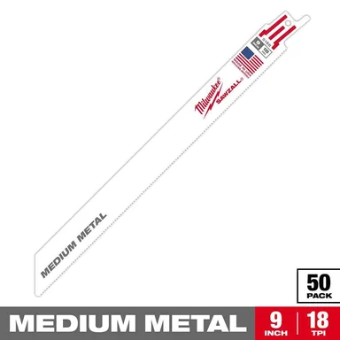 Milwaukee 48-01-6188, accessory: 9 in. 18 TPI Medium Metal Cutting SAWZALL Reciprocating Saw Blades (50-Pack)