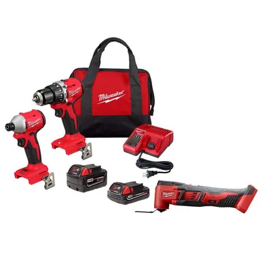 Milwaukee 3693-22CX-2626-20, bundle: M18 18-Volt Lith-Ion Brushless Cordless Compact Hammer Drill/Impact Combo Kit (2-Tool) w/(2) Batteries & M18 Multi-Tool