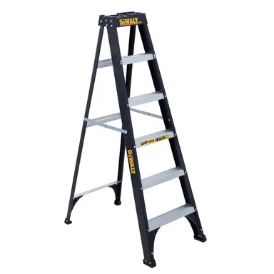 DeWalt DXL3110-06, unpowered: 6 ft. Fiberglass Step Ladder 10.4 ft. Reach Height Type 1 - 250 lbs., Expanded Work Step and Impact Absorption System