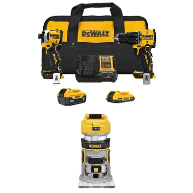 DeWalt DCK200D1P1W600B, bundle: ATOMIC 20-Volt Lithium-Ion Cordless 2-Tool Combo Kit and Brushless Compact Router w/ 5 Ah and 2 Ah Batteries and Charger