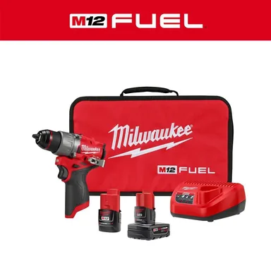 Milwaukee 3403-22, kit: M12 FUEL 12V Lithium-Ion Brushless Cordless 1/2 in. Drill Driver Kit with 4.0Ah and 2.0Ah Battery and Soft Case (photograph from the Home Depot listing)