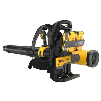DeWalt DCBL570Z2, kit: FLEXVOLT 60V MAX 855 CFM 160 MPH Cordless Battery Powered Backpack Blower with (2) 5.0 Ah Batteries and Chargers (photograph from the Home Depot listing)
