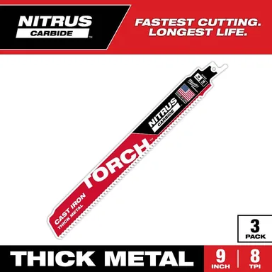 Milwaukee 48-00-5362, accessory: 9 in. 8 TPI TORCH Nitrus Carbide Teeth Metal Cutting SAWZALL Reciprocating Saw Blade (3-Pack)