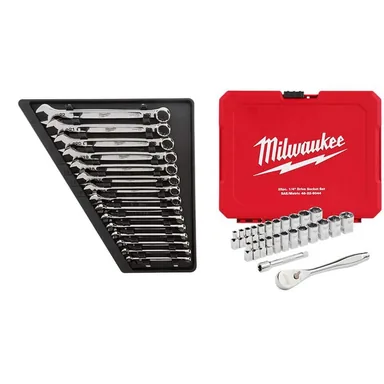 Milwaukee 48-22-9515-48-22-9044, bundle: Combination Metric Wrench Mechanics Tool Set with 1/4 in. Drive SAE/Metric Ratchet/Socket Mechanics Tool Set (40-Piece)