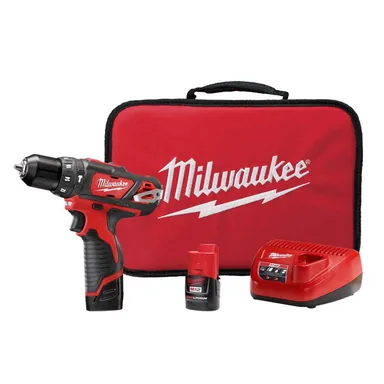 Milwaukee 2408-22, kit: M12 12V Lithium-Ion Cordless 3/8 in. Hammer Drill/Driver Kit with Two 1.5 Ah Batteries and Hard Case (photograph from the Home Depot listing)