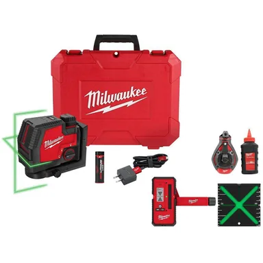 Milwaukee 3521-21-48-22-3986-48-35-1211-48-35-1111, bundle: 100 ft. Green Rechargeable Cross Line Laser, 100 ft. Red Chalk Reel, 165 ft. Laser Detector & Centering Target