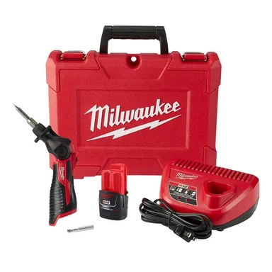 Milwaukee 2488-21, kit: M12 12-Volt Lithium-Ion Cordless Soldering Iron Kit with (1) 2.0Ah Batteries, Charger & Hard Case (photograph from the Home Depot listing)